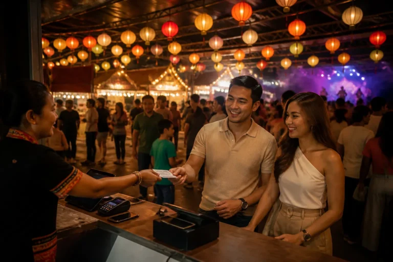 drukbezochte ingang van een overdekte pasar malam waar bezoekers tickets kopen bij een verlichte kassa