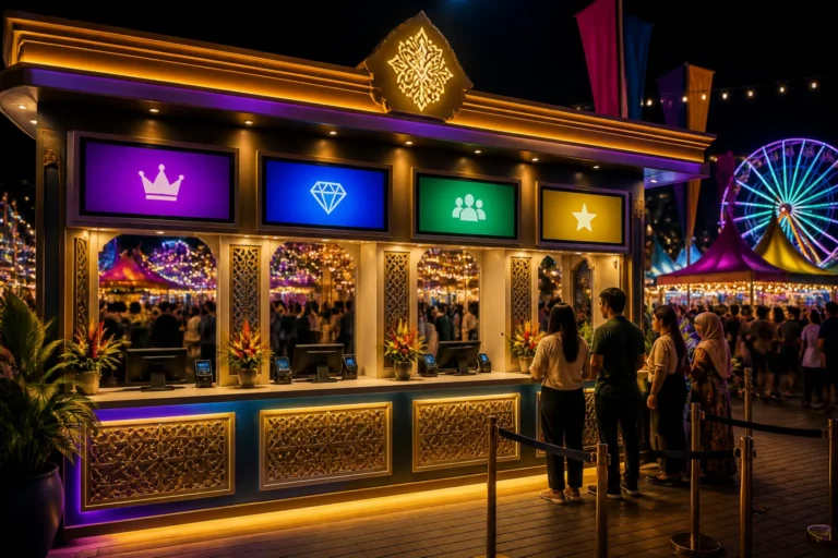 stijlvolle verlichte ticketbalie op een kleurrijke pasar malam met meerdere kassa’s en lichteffecten