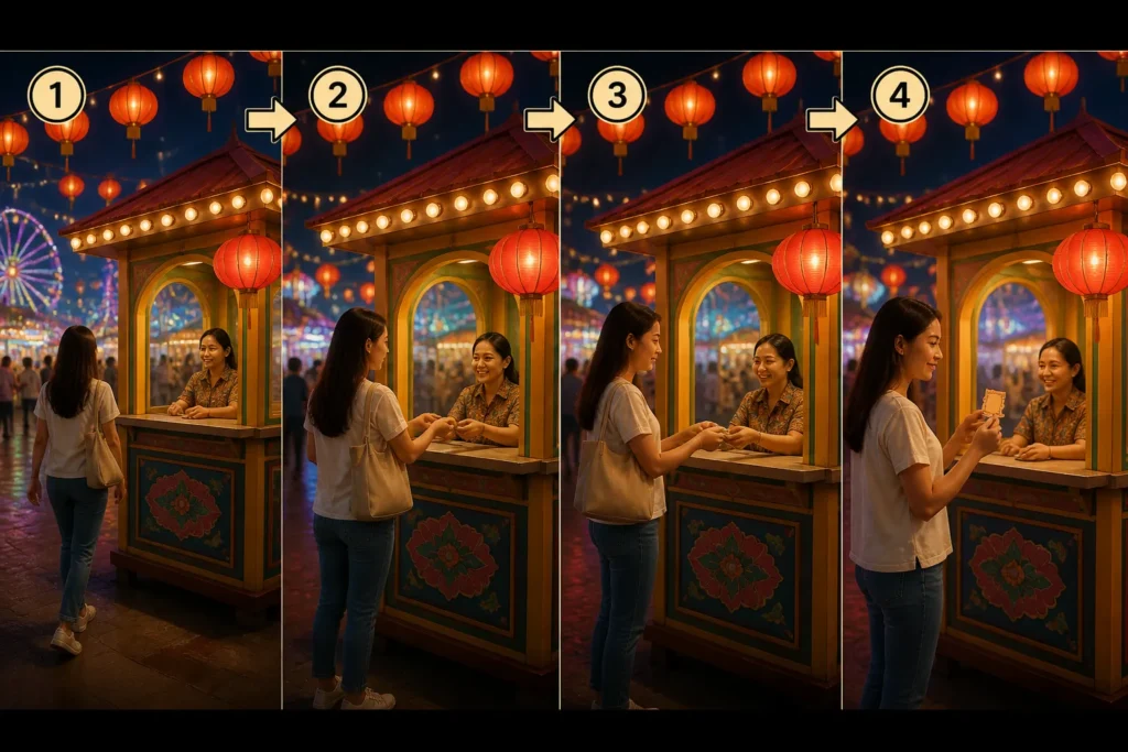 reeks scènes van een verlichte ticketbalie op een kleurrijke pasar malam met bezoekers die stap voor stap een kaartje kopen