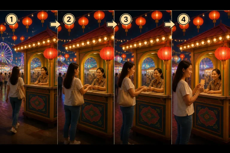 reeks scènes van een verlichte ticketbalie op een kleurrijke pasar malam met bezoekers die stap voor stap een kaartje kopen