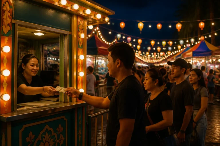bezoeker reikt geld aan verlichte ticketbalie bij ingang van kleurrijke pasar malam in de avond