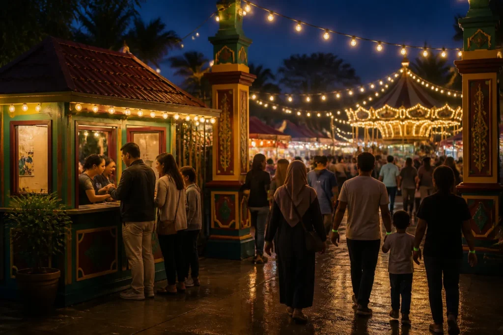 verlichte ticketbalie van een avondlijke pasar malam met bezoekers die kaartjes kopen en doorlopen naar de kramen