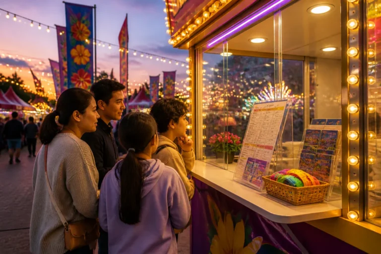 bezoekers bestuderen een verlichte ticketbalie bij de ingang van een kleurrijke pasar malam