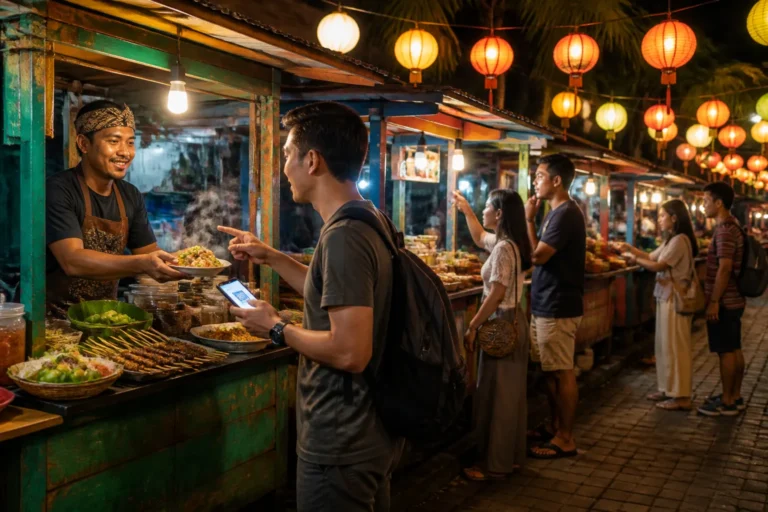 bezoeker die bij een Indonesisch eetkraampje onder lampionnen afrekent en eten ontvangt
