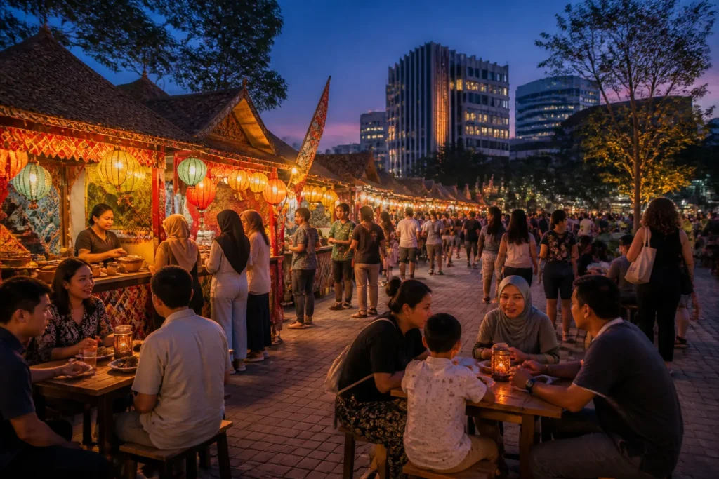 drukbezocht plein met kleurrijke Indonesische eetkraampjes onder warme lampionverlichting en rondlopende bezoekers