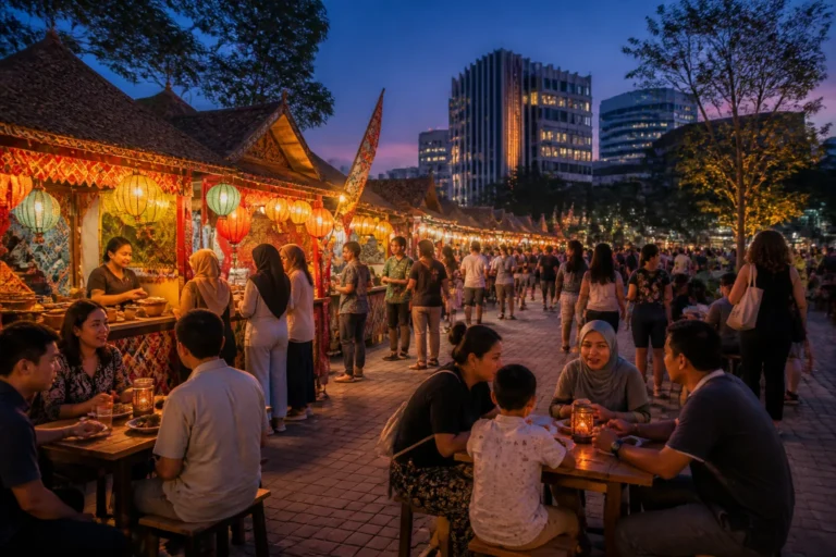 drukbezocht plein met kleurrijke Indonesische eetkraampjes onder warme lampionverlichting en rondlopende bezoekers