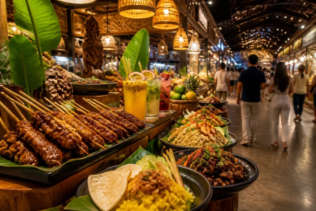 indonesische foodkramen in een grote hal met felverlichte gerechten en bezoekers die langs de avondmarkt lopen
