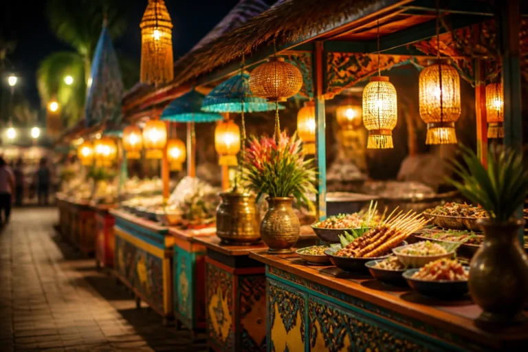 rij kleurrijke indonesische eetkraampjes onder warme lampionverlichting met luxe, verzorgde presentatie