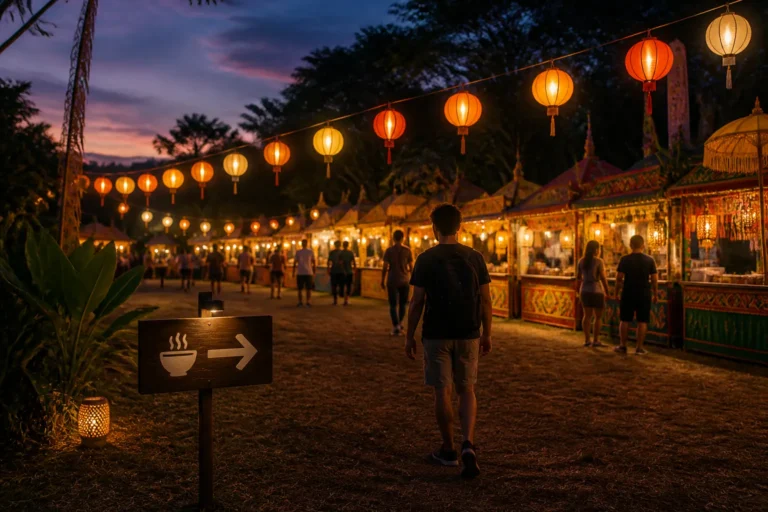 bezoekers volgen een pad langs kleurrijke indonesische eetkraampjes onder warme lampionverlichting