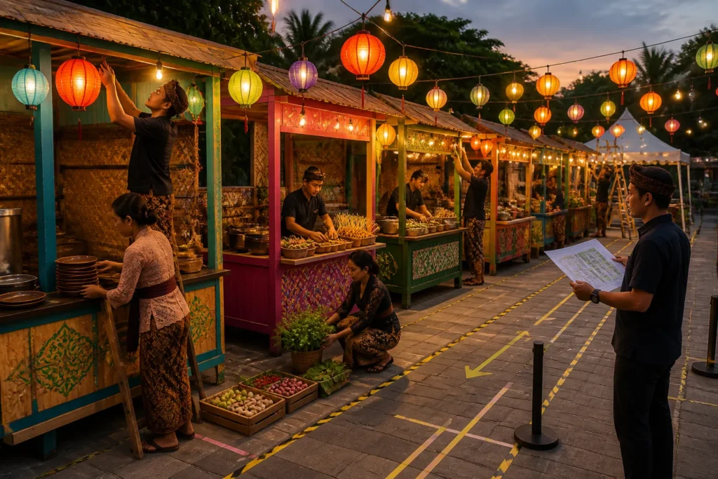 organisatoren bouwen een rij Indonesische eetkraampjes op onder warme lampionverlichting met gemarkeerde looproute