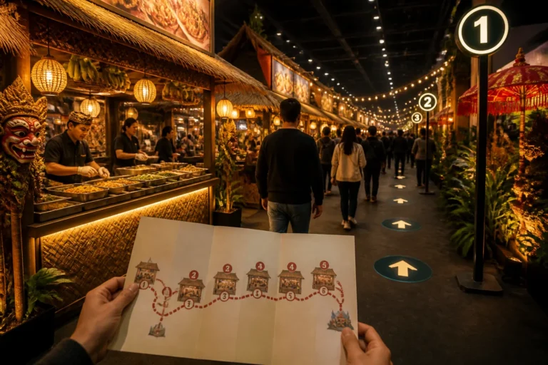 bezoeker met plattegrond loopt langs felverlichte indonesische foodkramen in een warme avondmarkt