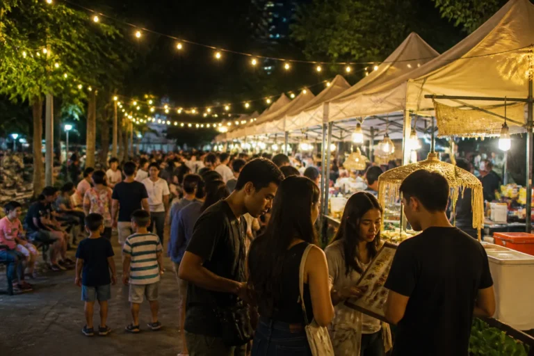 lange rij verlichte foodkraampjes op een avondmarkt met slenterende bezoekers in een stadspark
