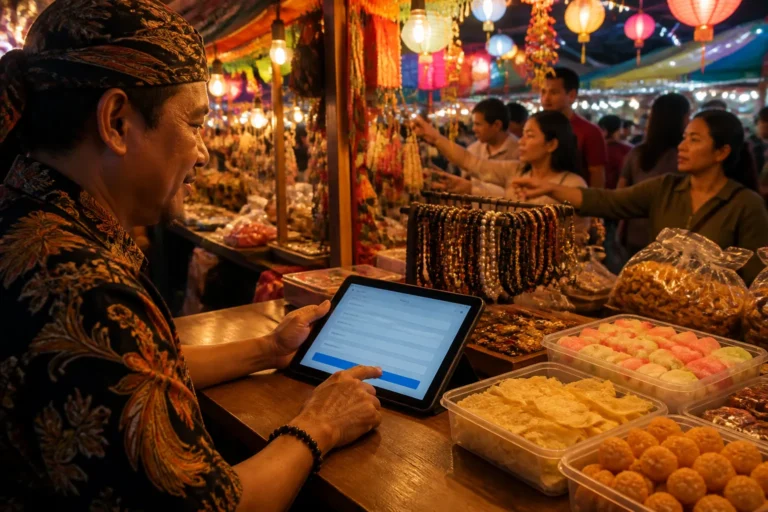 standhouder in verlichte pasar-malam-kraam bevestigt inschrijving op tablet met formulier op de toonbank
