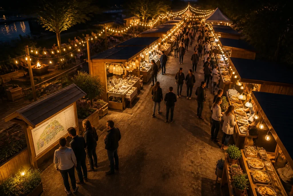 overzicht op een avondmarkt met verlichte foodkraampjes en bezoekers die bij een infobord stilstaan