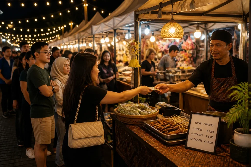 bezoeker die bij een rij verlichte foodkraampjes onder lichtslingers betaalt aan een verkoper