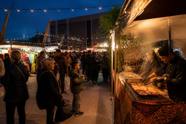 sfeervolle pasar malam met verlichte kraampjes, foodstands en bezoekers op een Nederlands evenemententerrein in de avond