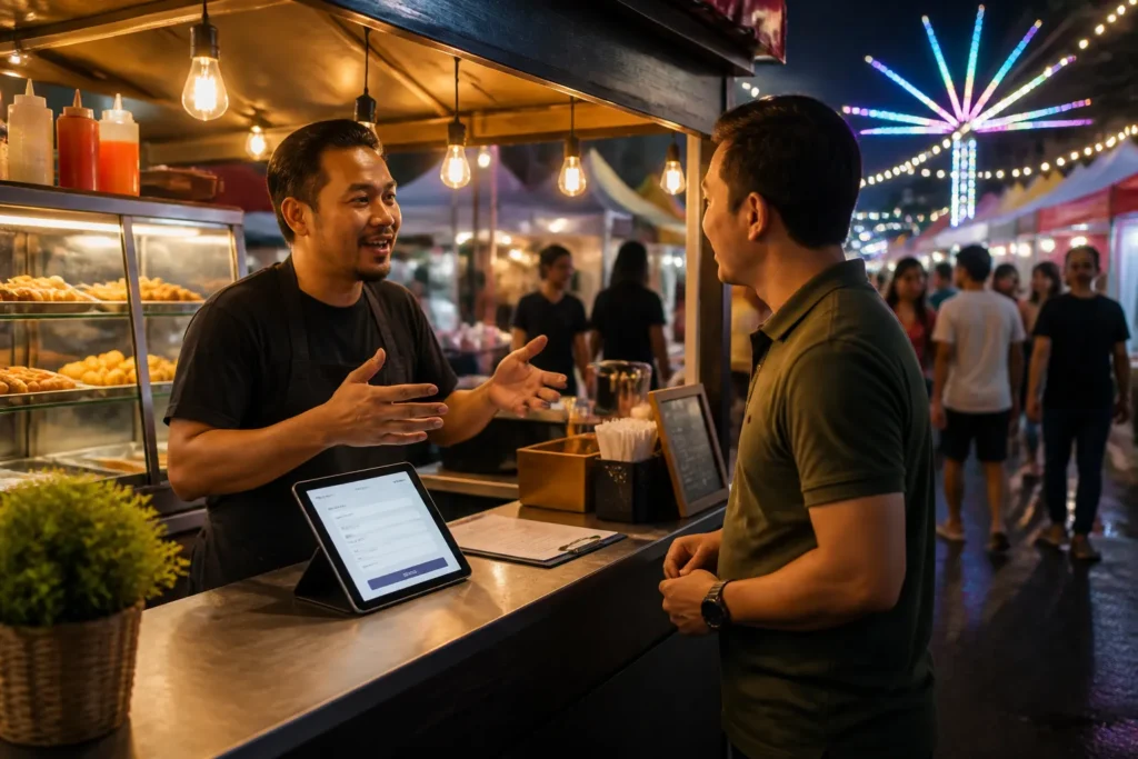 drukke pasar malam in de avond met verlichte kraam en tablet met inschrijfformulier op de toonbank