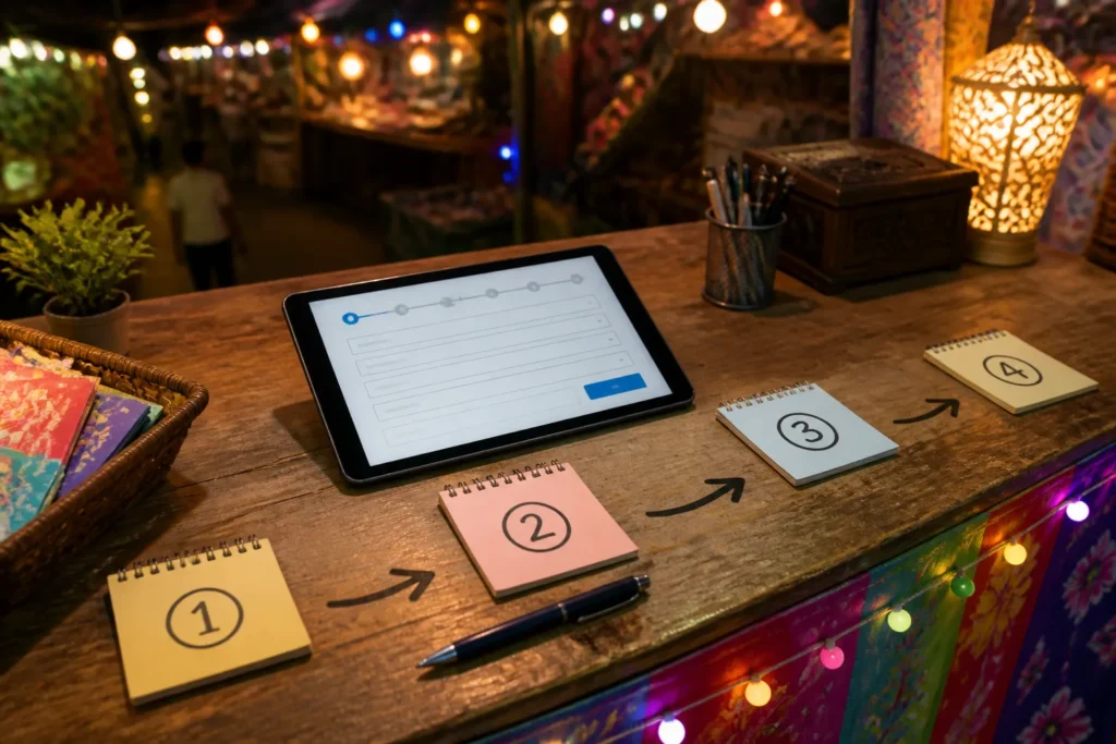 tablet met inschrijfformulier op toonbank van pasar-malam-kraam naast genummerde notities en pen