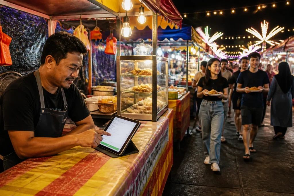 standhouder op een drukbezochte pasar malam vult op een tablet een online inschrijfformulier in bij zijn verlichte kraam