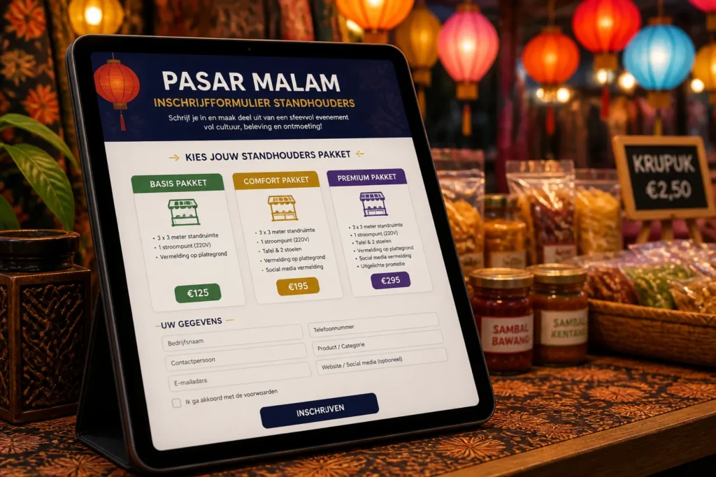 tablet met inschrijfformulier voor standhouders op toonbank van verlichte pasar-malam-kraam met onscherpe producten erachter