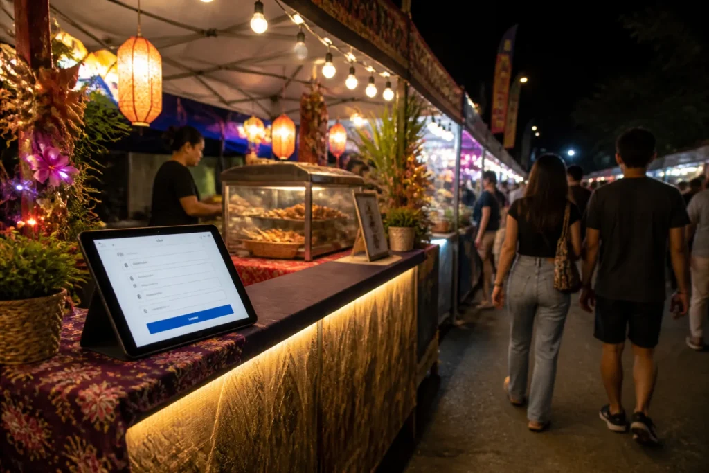 tablet met inschrijfformulier op verlichte pasar-malam-kraam langs wandelpad op de avondmarkt