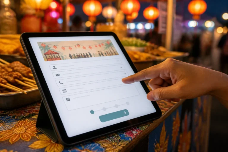 tablet met inschrijfformulier op een pasar-malam-kraam terwijl iemand nieuwsgierig de velden bekijkt