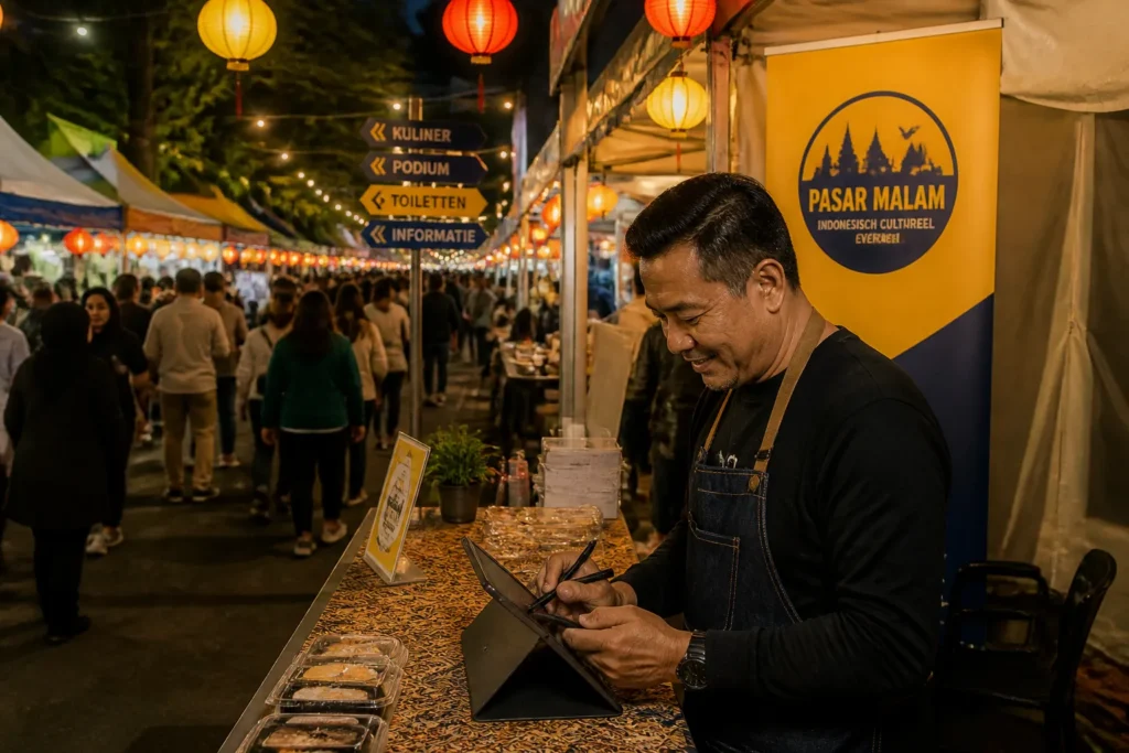 standhouder op drukke pasar malam onder lampionnen bevestigt zijn inschrijving op een tablet bij een nette kraam