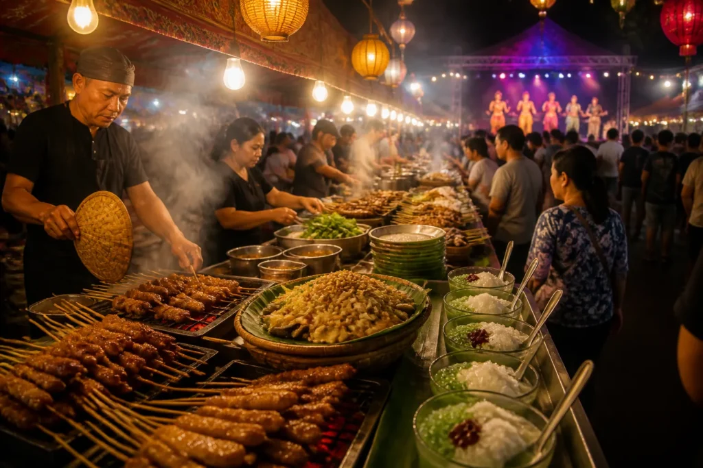 avondmarkt met kraam vol Indonesische gerechten, saté van de grill en kleurrijke schaaltjes cendol