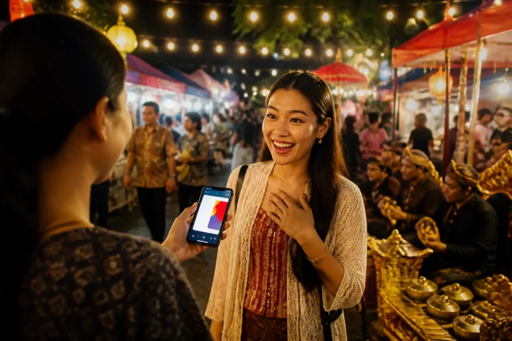 avondlijke pasar malam met kraampjes, lichtslingers en iemand die een digitale cadeaukaart op smartphone overhandigt