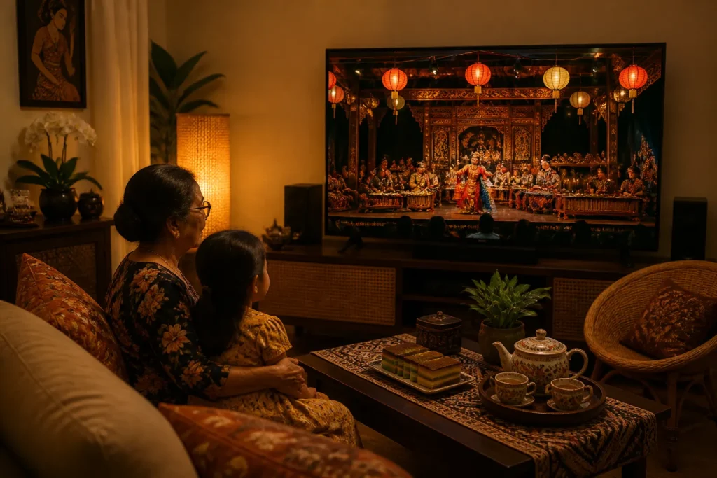 indische oma en kleinkind kijken in woonkamer op tv naar live optreden van pasar malam istimewa