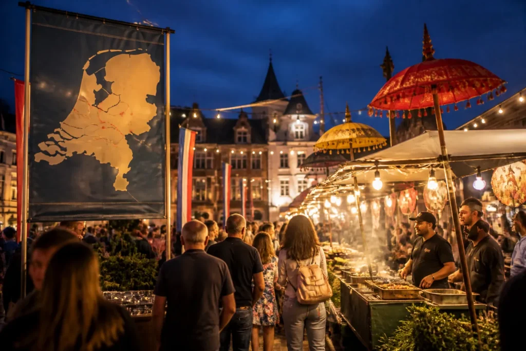 drukbezochte pasar malam met verlichte kraampjes en bord dat meerdere nederlandse steden toont