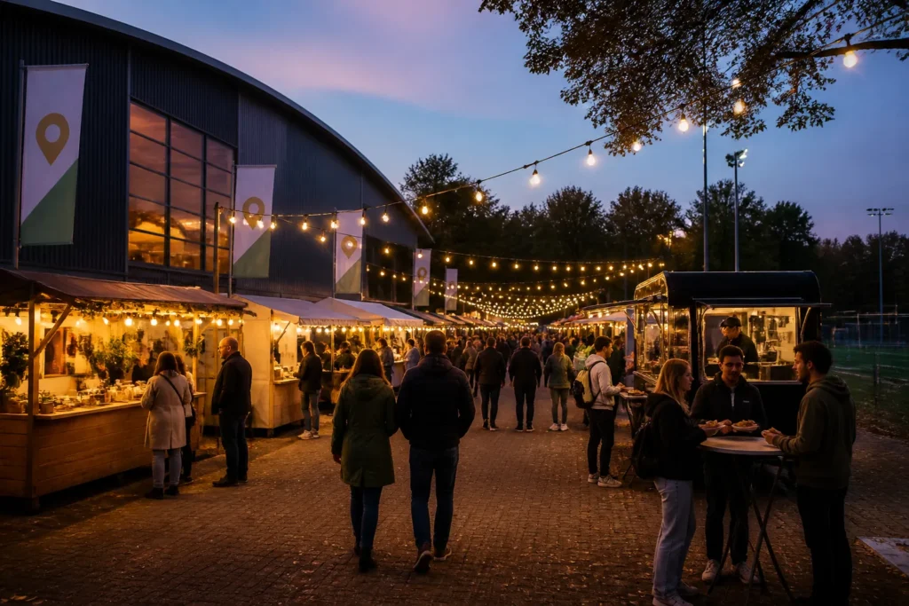 avondmarkt met verlichte foodkraampjes onder lichtslingers naast een sporthal met voorbijlopende bezoekers