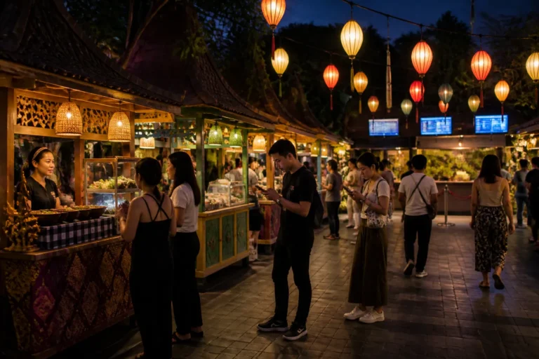 rij kleurrijke indonesische eetkraampjes met lampionnen, bezoekers lopen langs en checken hun telefoon