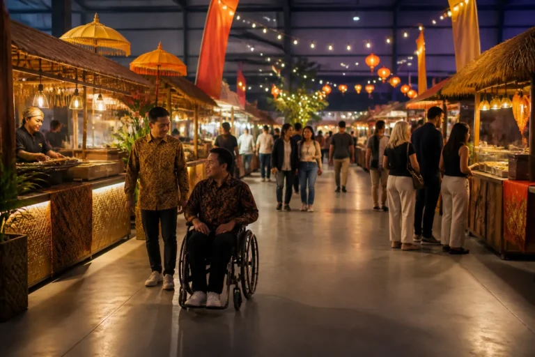 bezoeker in rolstoel met begeleider tussen felverlichte indonesische foodkramen op een avondmarkt in een hal